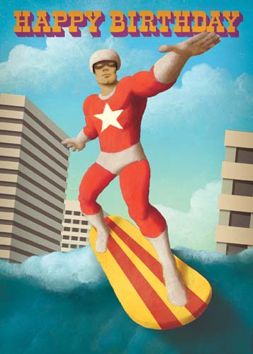 Happy Birthday Surfer Superhero Greeting Card